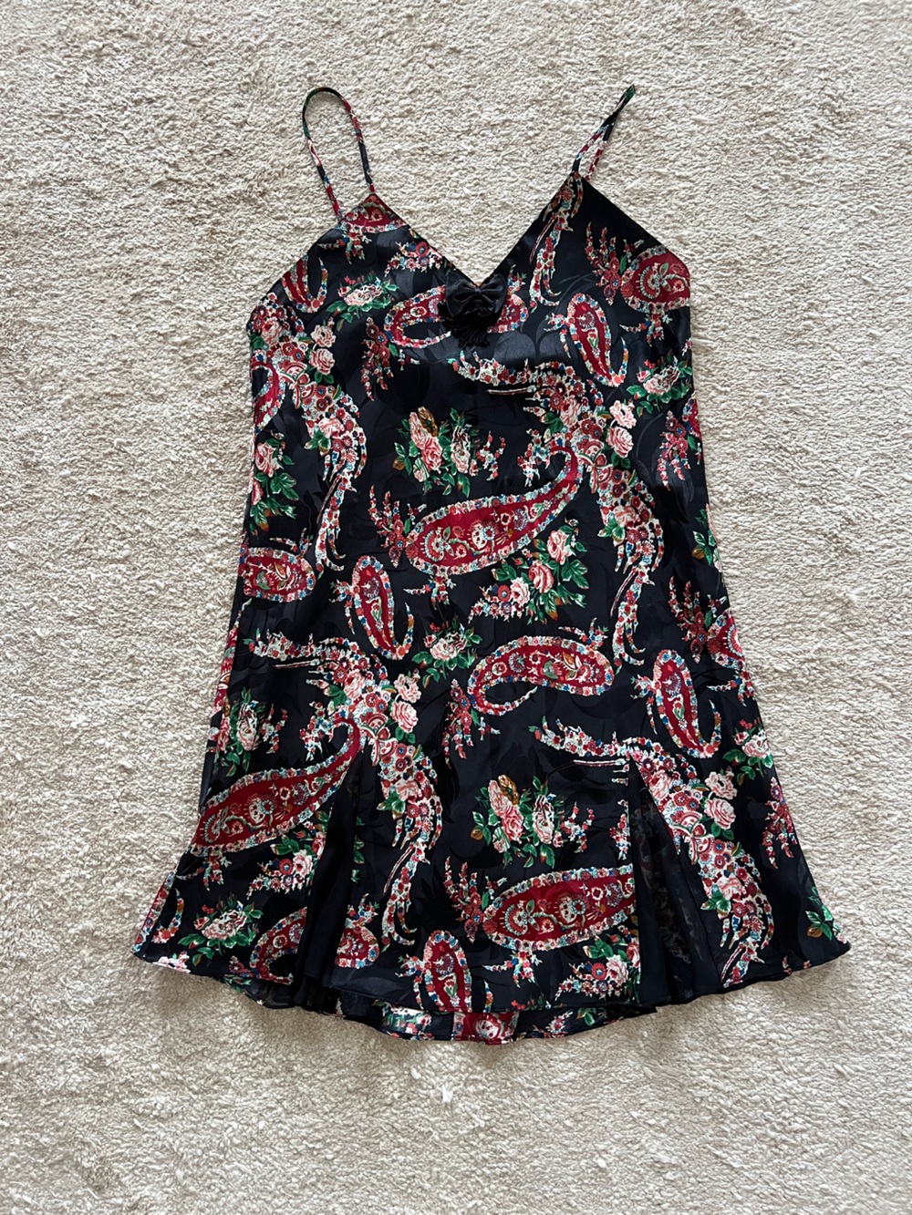Vintage Victoria's Secret Black Mini Dress with Red Paisley & Green Floral Print